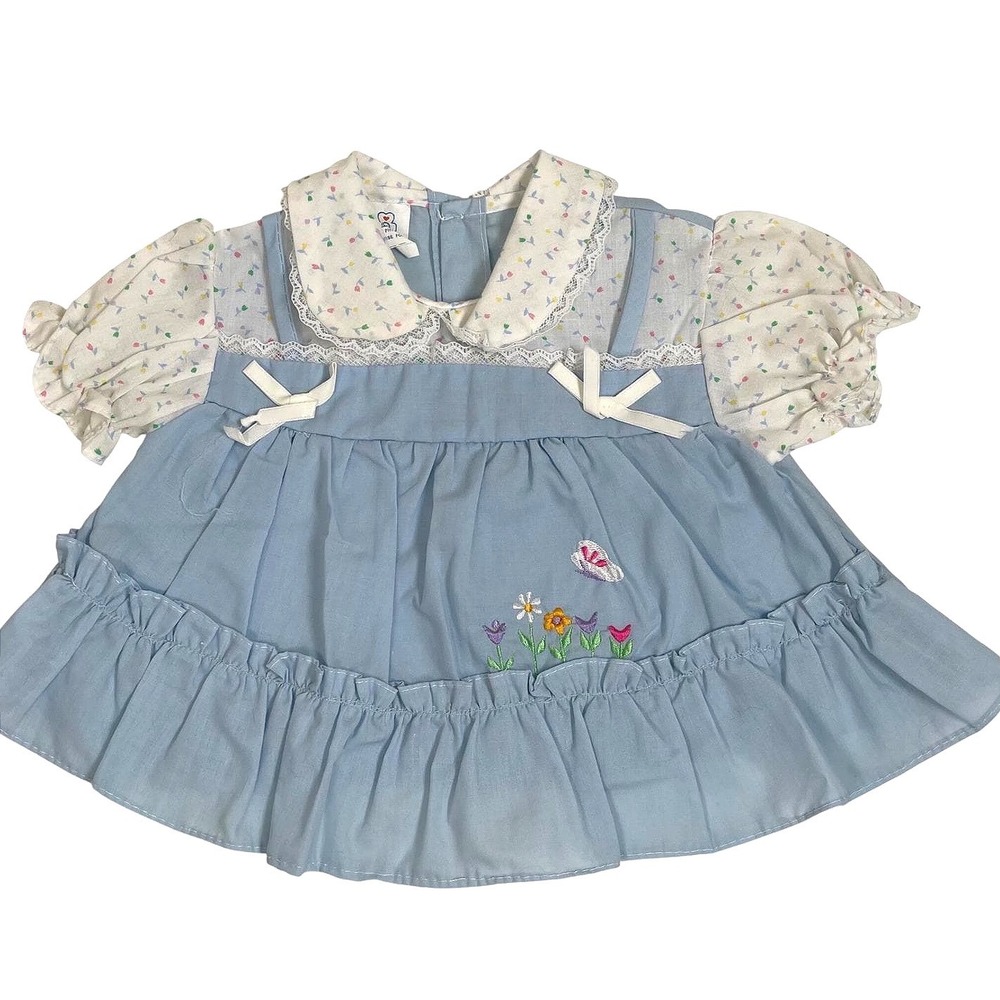 Mayfair Vintage Dress Girls 12M Blue Floral Butterfly Embroidered Lace Ruffle